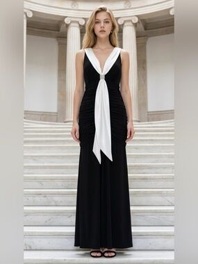 Jessica McClintock Black Maxi Dress with White Front Draped Accent
